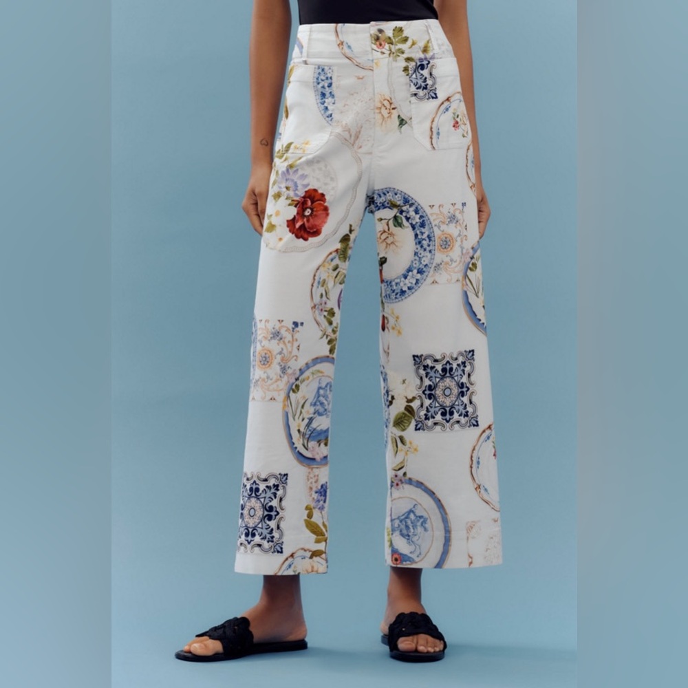Maeve Colette floral plate print wide leg cropped pants